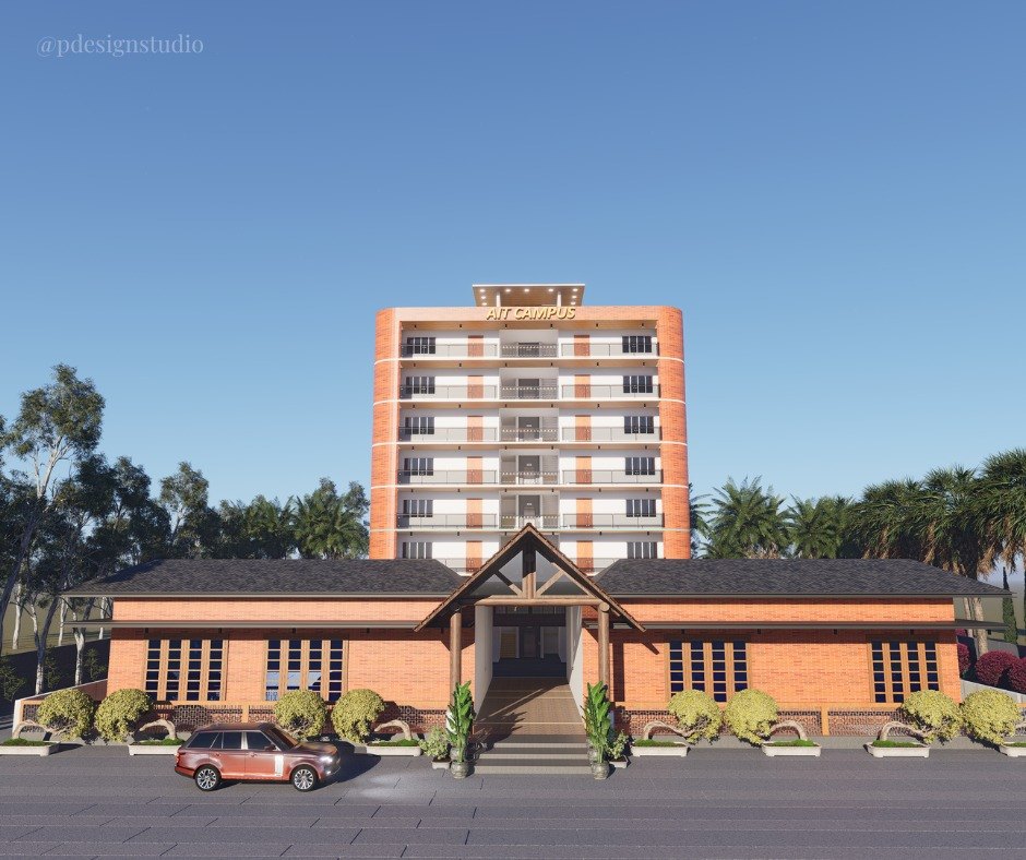 Front elevation of the AIT Campus, with the gabled timber entrance centred in the brick block and the tower rising behind