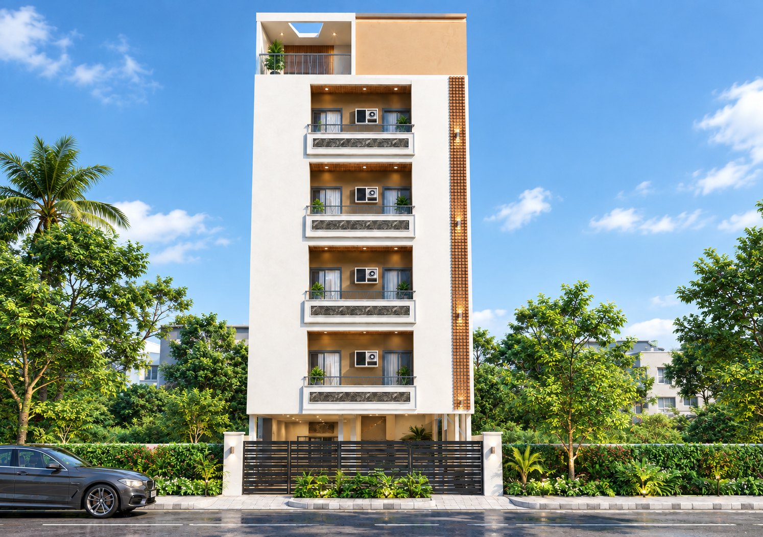 Five-storey white apartment building with stacked balconies, timber ceilings and a vertical brick strip, set among trees