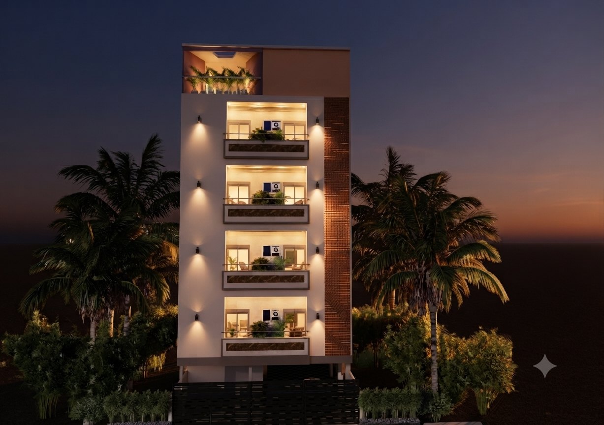 Five-storey apartment building at night with lit balconies, wall lights and a vertical textured brick strip