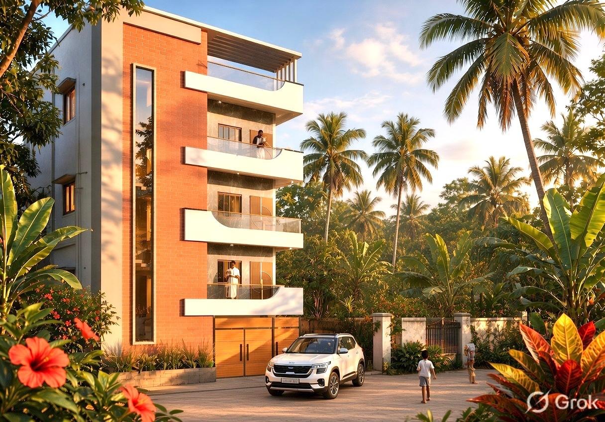 Four-storey house with an exposed brick tower, a tall slit window and curved white cantilevered balconies among palm trees