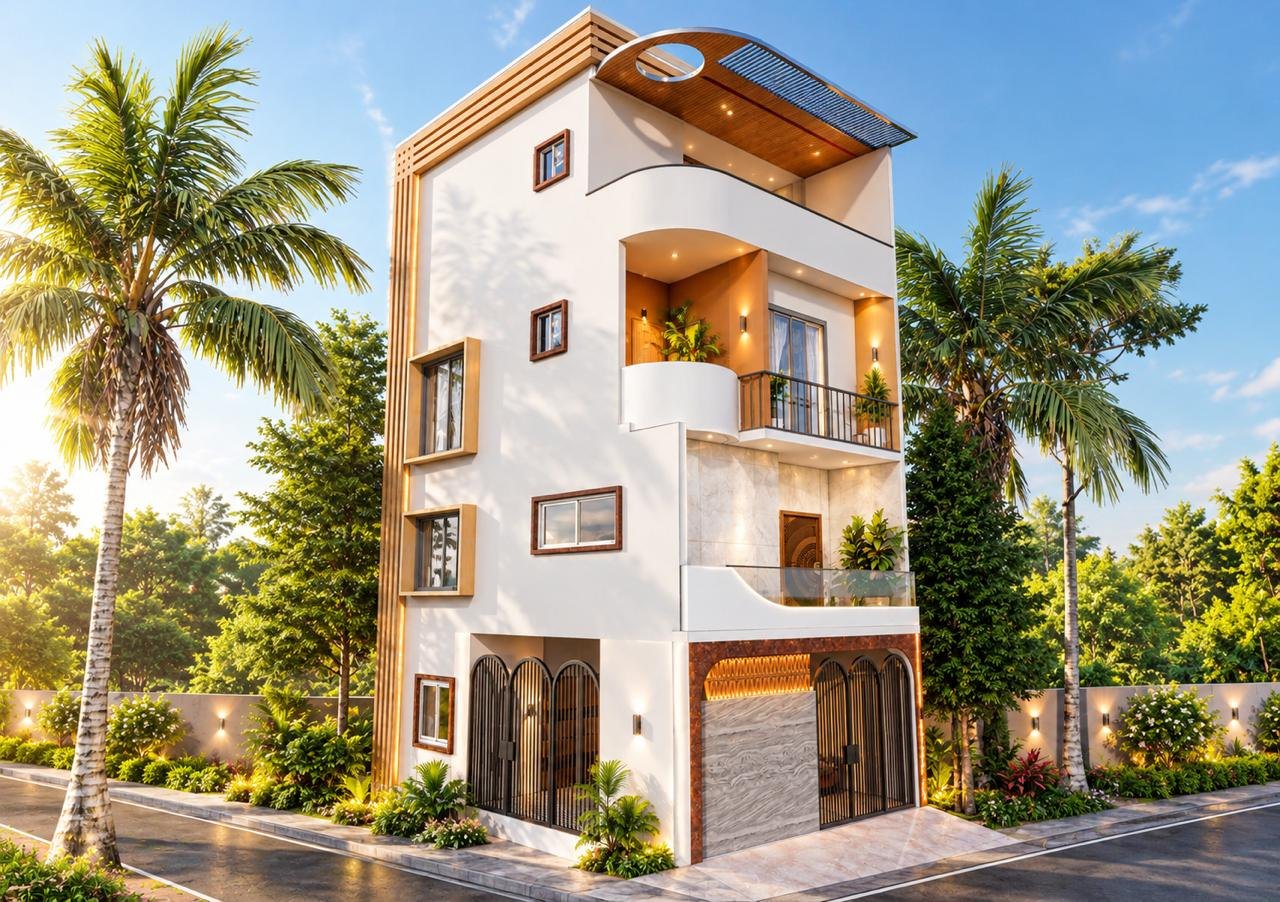 Three-storey white corner townhouse with timber fins, a curved balcony, an oval-cut pergola roof and arched metal gates