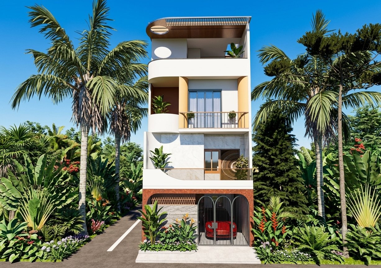 Narrow white townhouse with curved balconies, a timber pergola roof and an arched metal gate, framed by palm trees