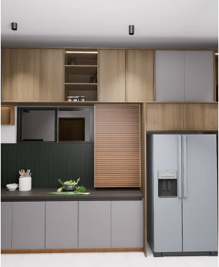 Modular kitchen with walnut and grey cabinets, a fluted tambour shutter, built-in oven and a double-door fridge