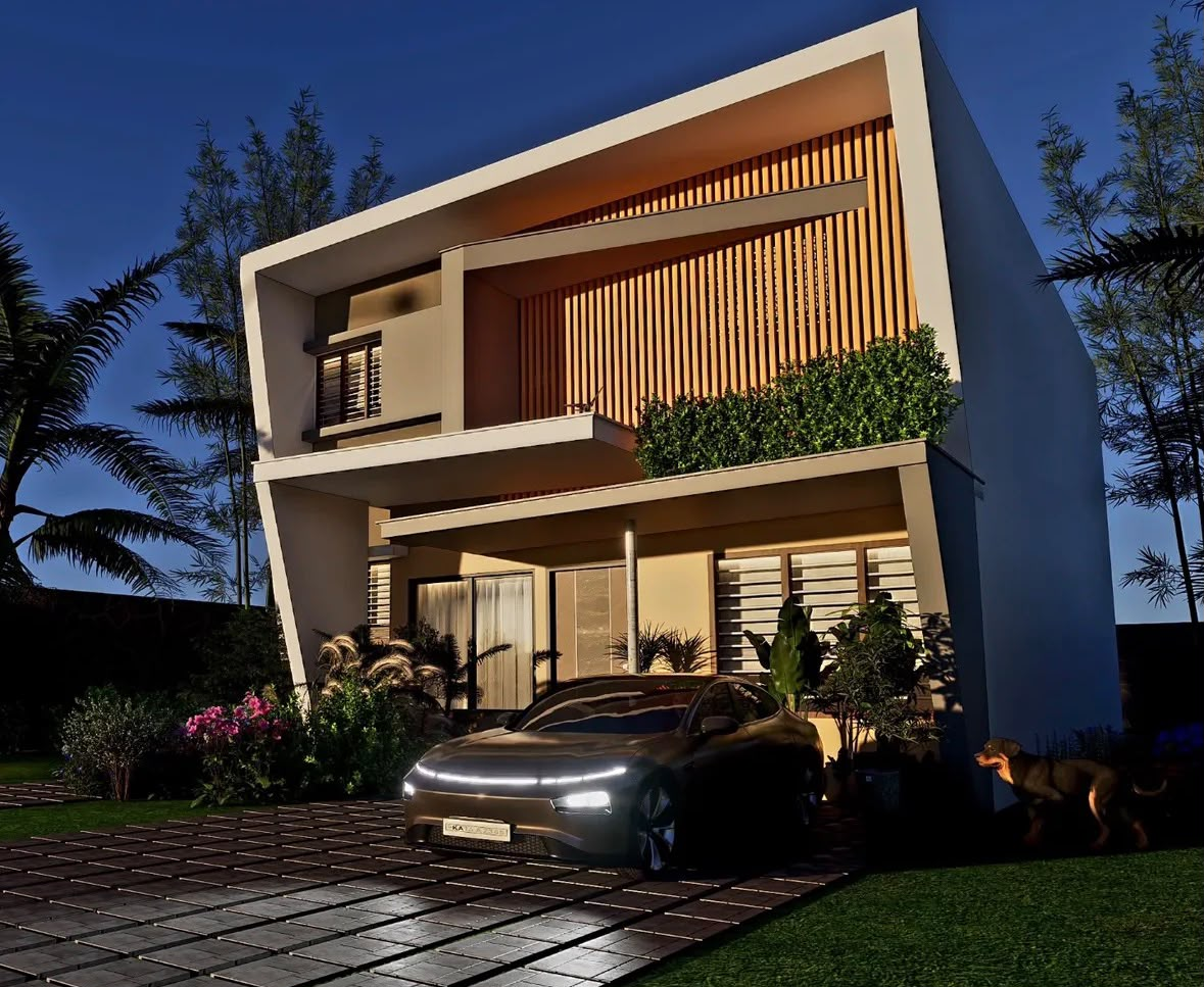 Two-storey house with a bold white frame, a timber slat screen and planters, lit at dusk