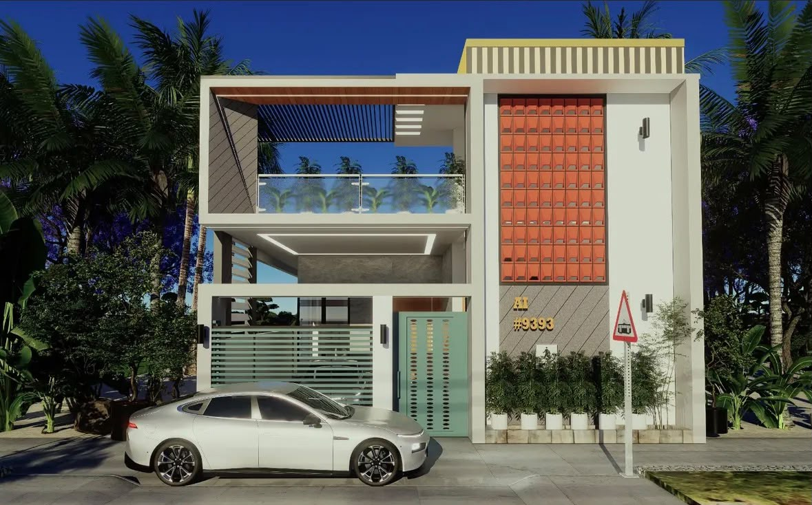 Modern house façade with an orange terracotta jaali screen, a glass balcony and a slatted gate