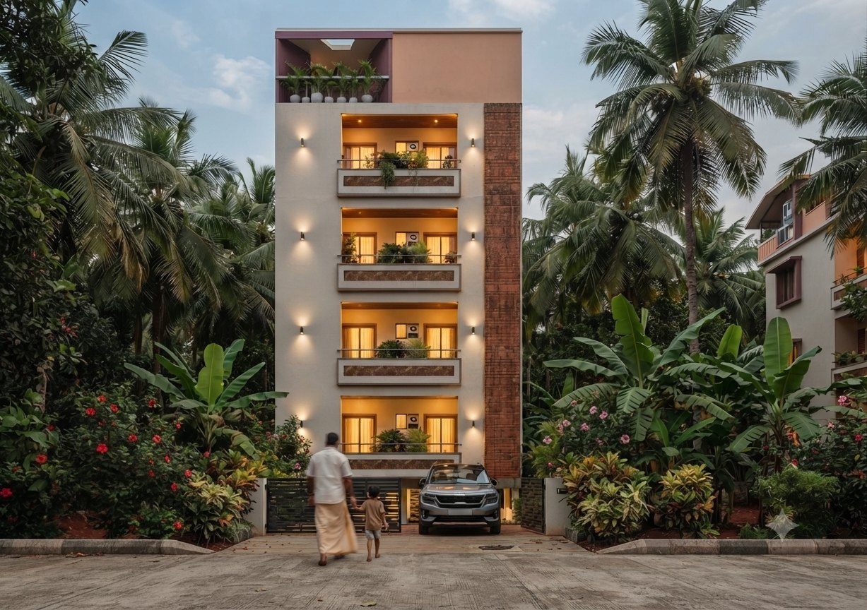 Five-storey apartment building with lit balconies and a red brick strip, set in a grove of coconut palms