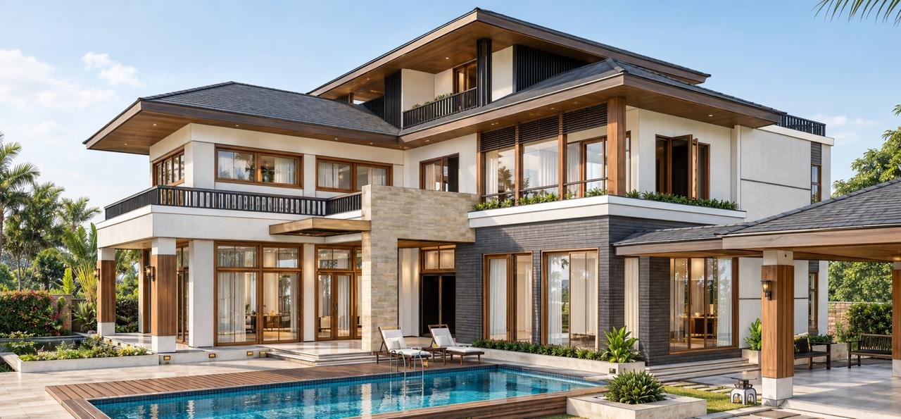 Two-storey villa with hipped grey roofs, timber-framed glass doors, a stone feature wall and a swimming pool with a timber deck