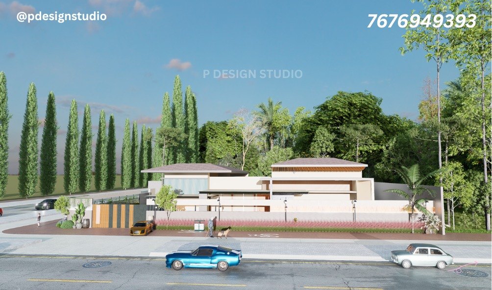 Street view of the contemporary residence with a timber-panel gate, pink flowering border and cypress trees in afternoon light