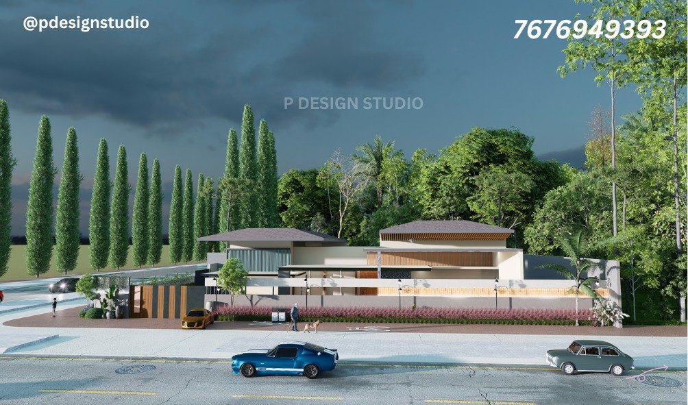 The same street-front residence under a stormy dusk sky, with warm strip lighting along the boundary wall