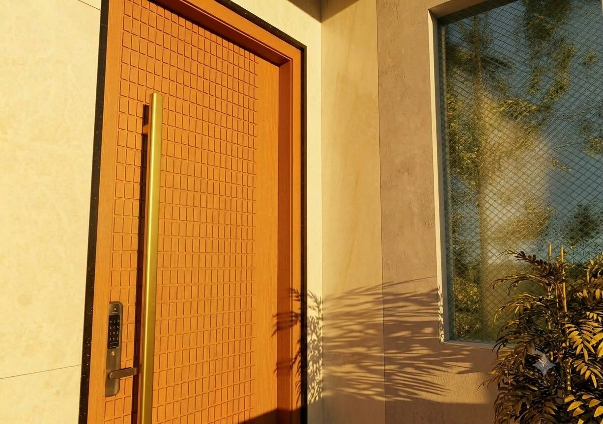 Entrance with the grid-textured timber door and brass handle beside a stone wall and a mesh-screened window in warm sunlight