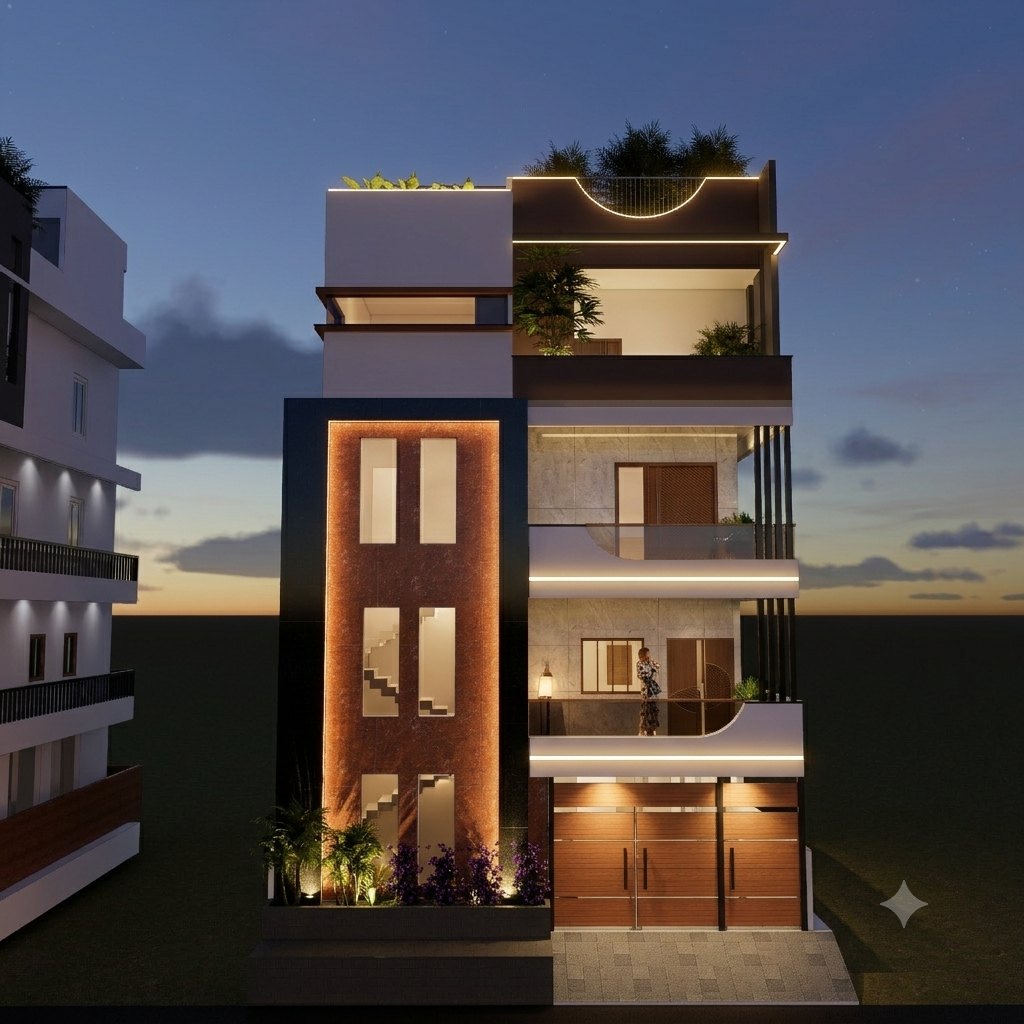 The same townhouse at dusk, with warm cove lighting outlining the copper stair tower, balconies and rooftop arch