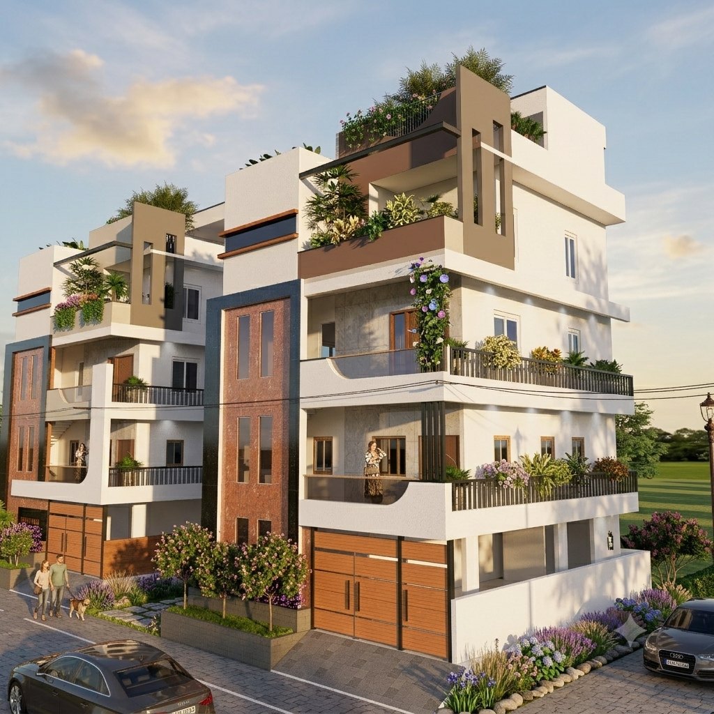 Pair of modern townhouses with red stone stair towers, black railings, timber garage doors and planted terraces
