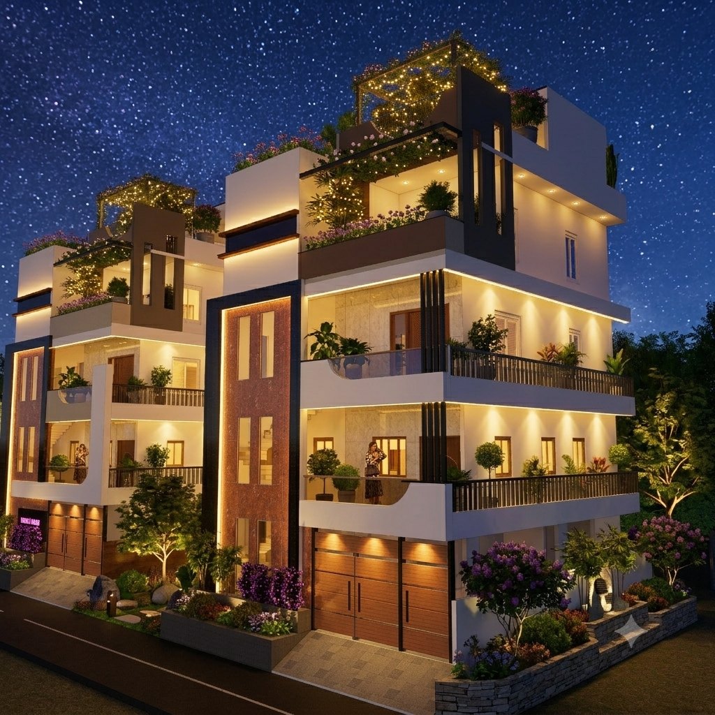 Pair of four-storey townhouses lit up at night, with glowing balconies, rooftop pergolas strung with lights and flowering planters
