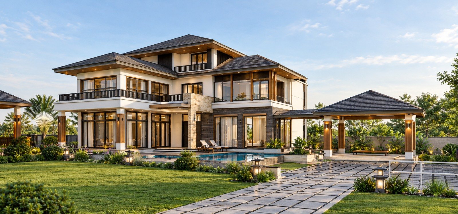 Contemporary villa with stone cladding and a pool, approached by a paved garden walkway lined with lantern lights