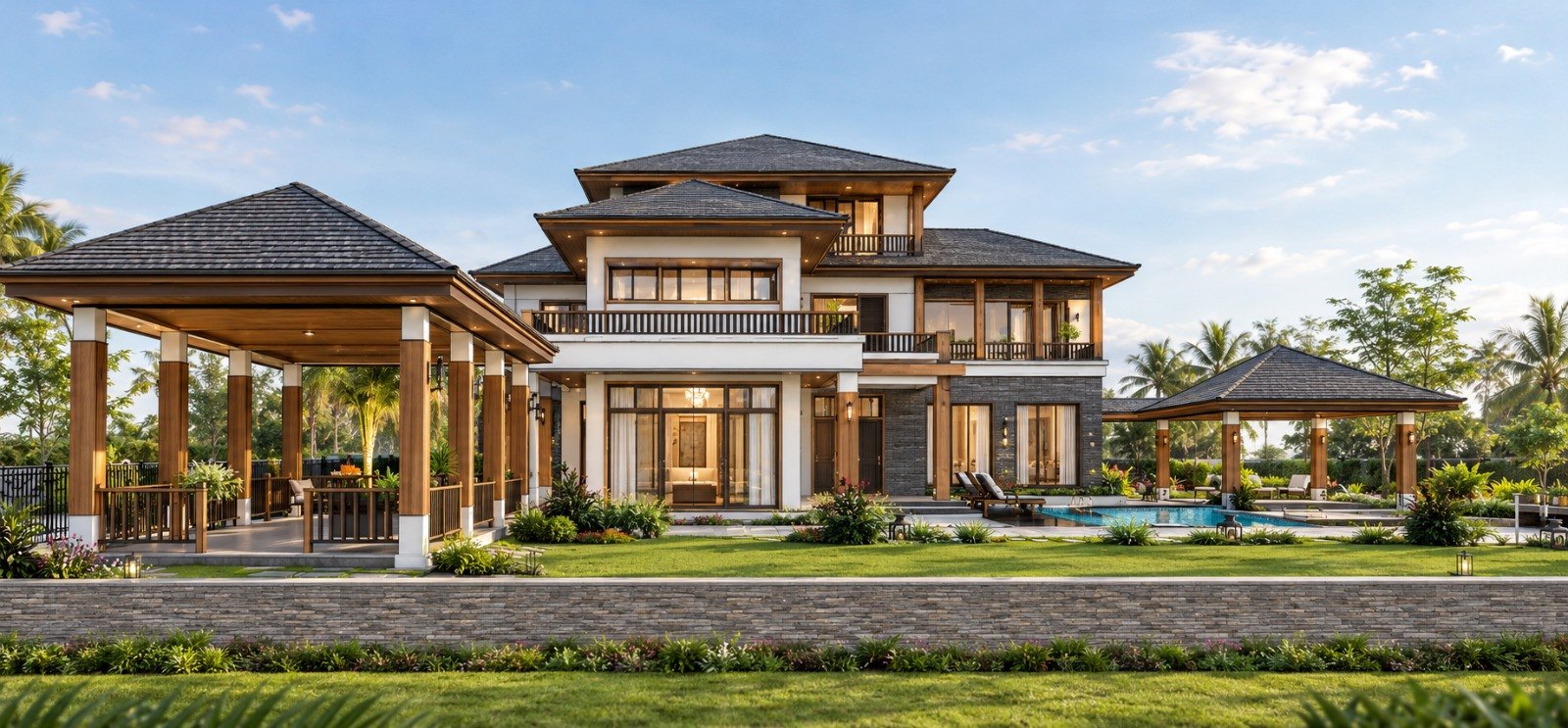 Two-storey villa with tiered roofs, flanked by two timber pavilions, behind a stone boundary wall and lawn