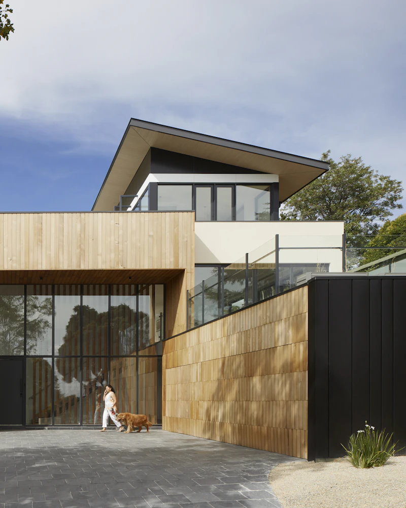Modern house exterior with timber-clad entrance, black metal panels and a landscaped driveway